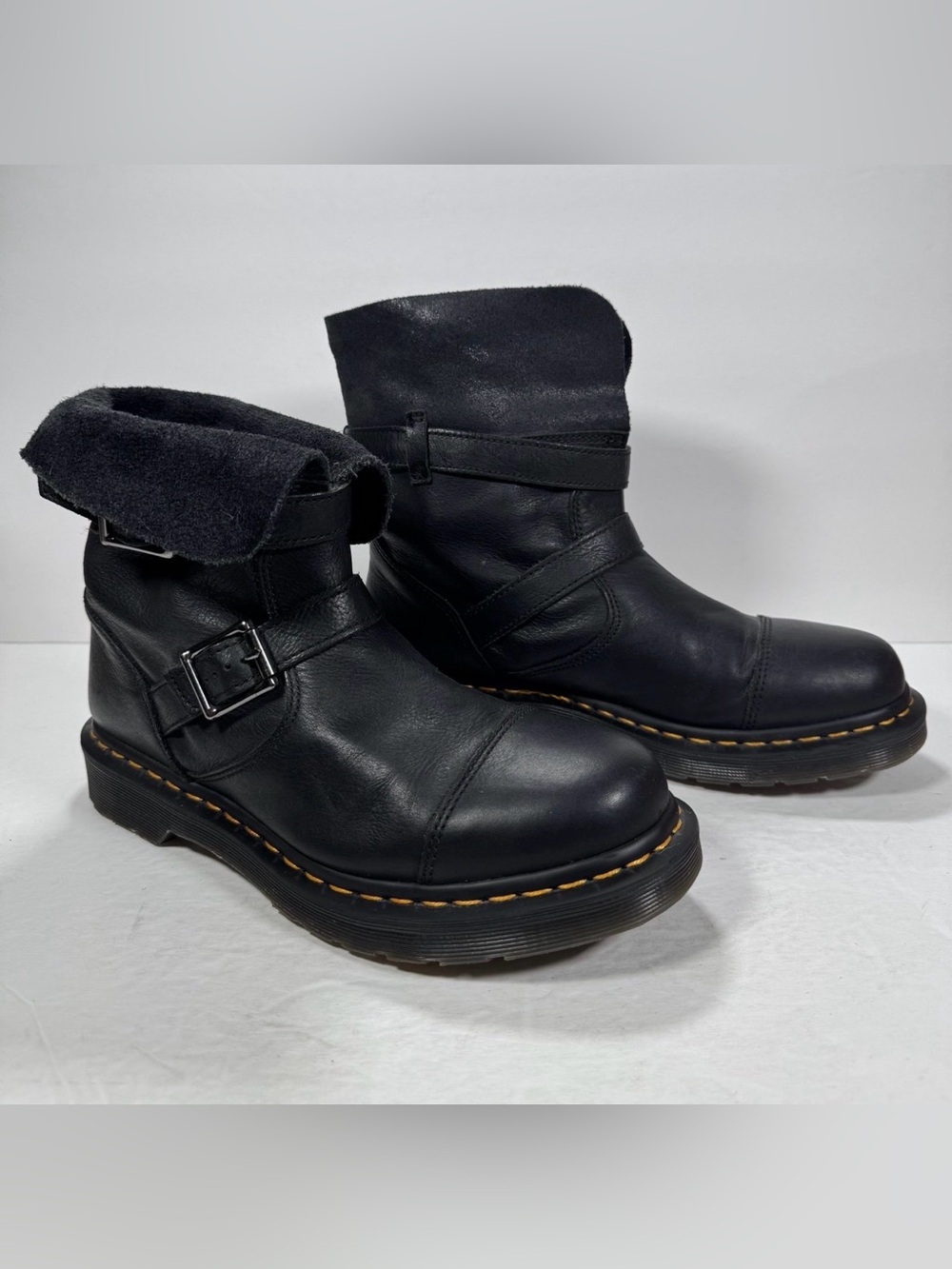 Dr. Martens Kristy Black Leather Slouchy Top Moto Biker Boots Women Size 9